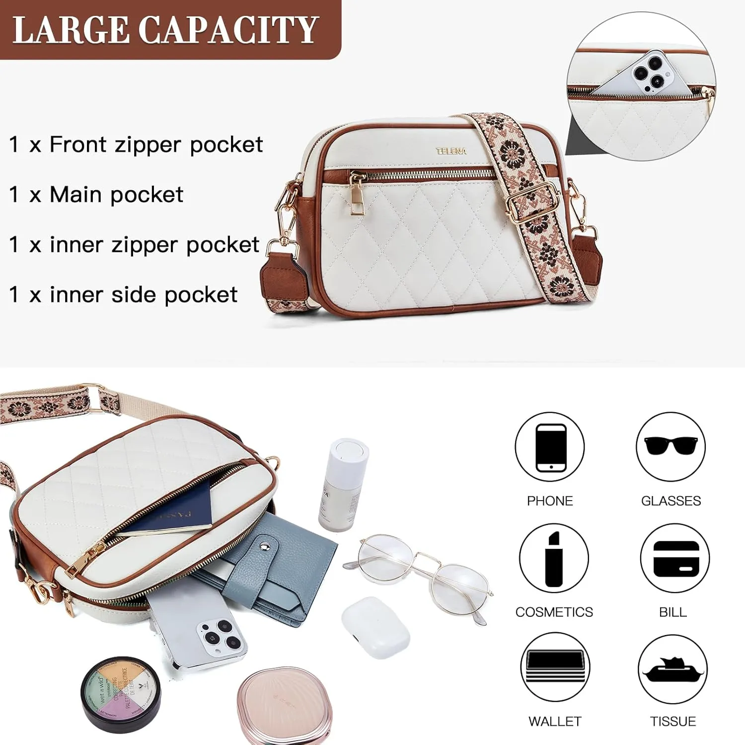 Telena Crossbody bags for Women Trendy Quilted Crossbody Bag Faux Leather Purse with Wide Strap