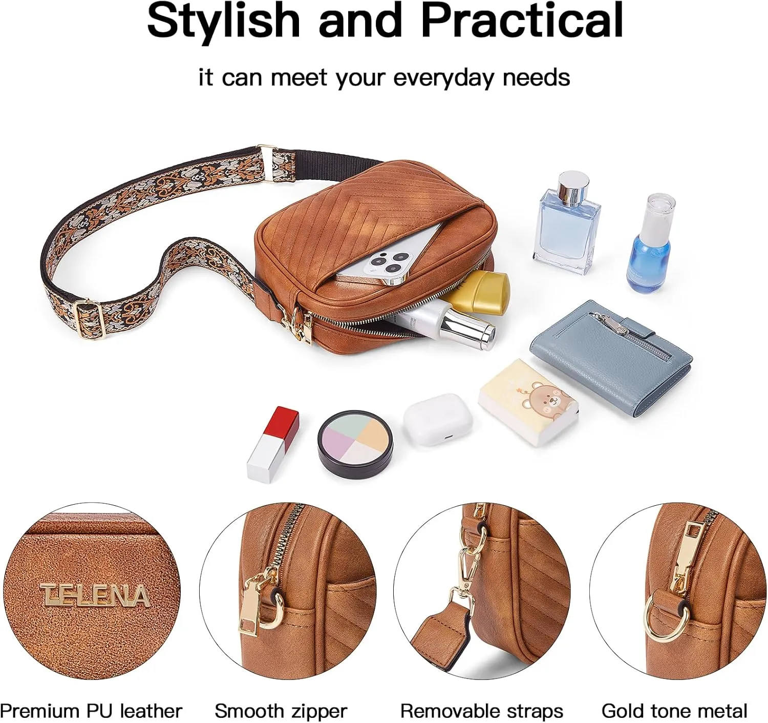 Telena Crossbody Purse for Women Small Crossbody Bags Trendy Vegan Leather with Adjustable Shoulder Strap