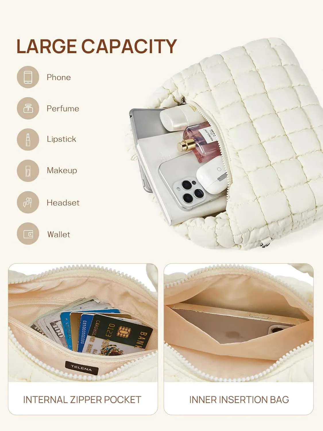 Telena Puffer Tote Bag for Women Lightweight Puffy Tote Bags Small Quilted Crossbody Shoulder Handbag with Detachable Strap