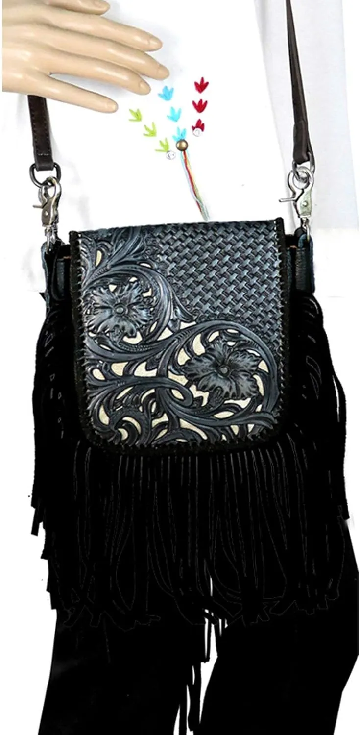Texas West Western Genuine Leather Cowgirl Crossbody Messenger Fringe Laser Cut Purse Bag in 5 colors
