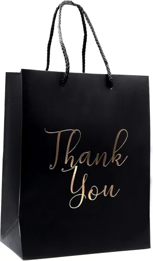 Thank You Gift Bags - 12-Pack Elegant Paper Favor Bags with ‘’Thank You’’ in Gold Foil Printed Letters - Perfect for Birthday Party, Wedding Party, Baby Shower, Funeral 4"x 7"x 9" - Matte Black