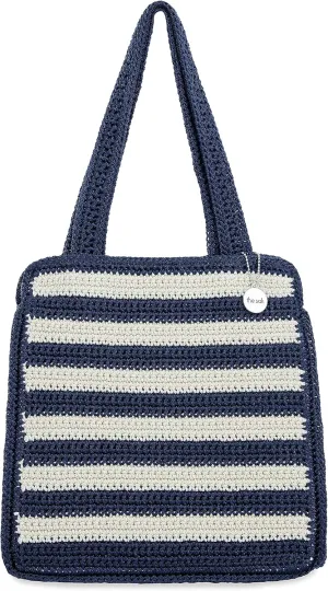 The Sak Ellen Insulated Tote in Crochet, Double Handle Straps, Denim Stripe