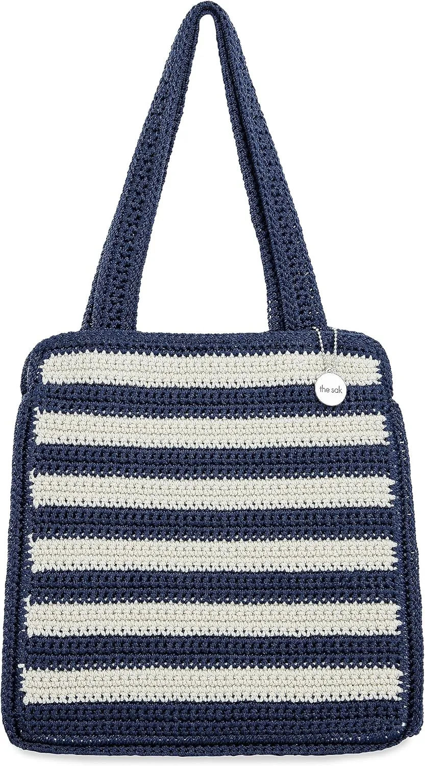 The Sak Ellen Insulated Tote in Crochet, Double Handle Straps, Denim Stripe