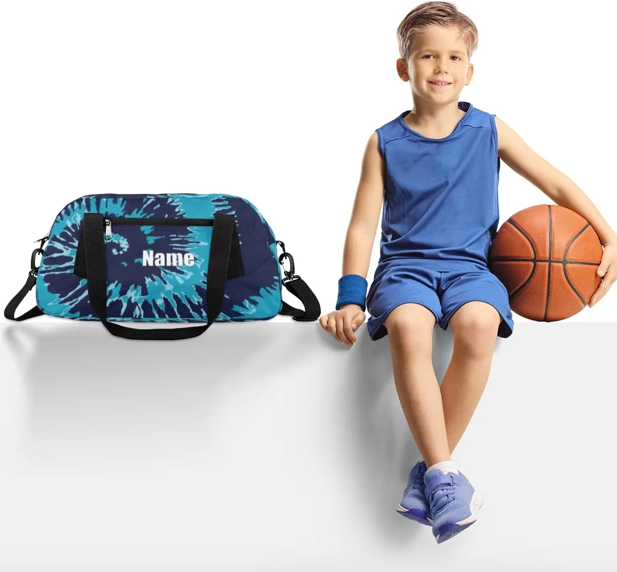 Tie Dye Personalized Kids Duffel Bags with Custom Name, Blue Small Sports Gym Bag Travel Bag for Boys, Customized Kids Boys Gifts