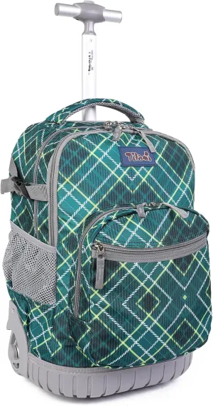 Tilami Rolling Backpack, 19 inch Shoulder Drop, Concealed Pockets and Wheel Cover, Laptop Backpack for Boys and Girls, Checkered Green