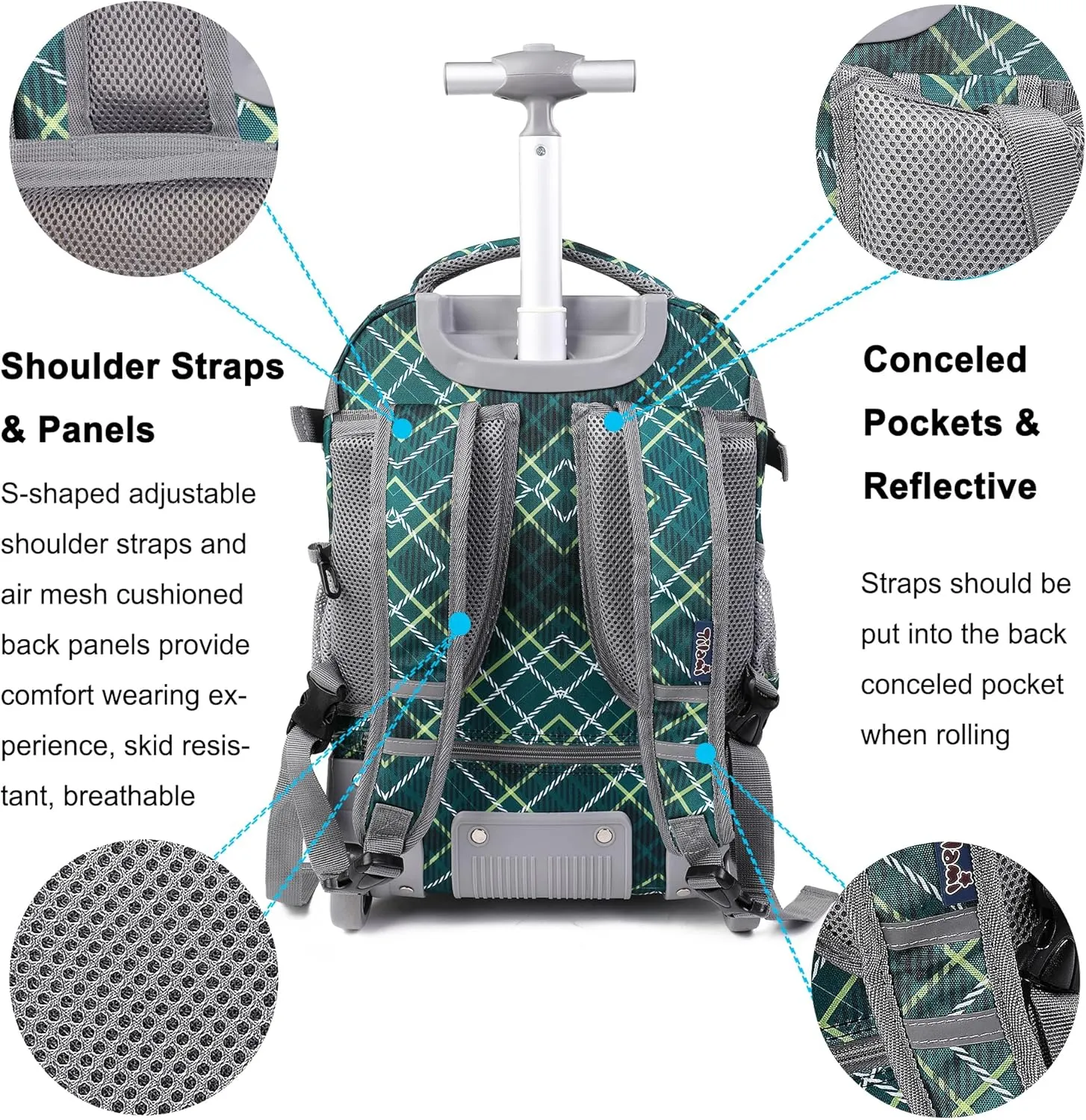 Tilami Rolling Backpack, 19 inch Shoulder Drop, Concealed Pockets and Wheel Cover, Laptop Backpack for Boys and Girls, Checkered Green