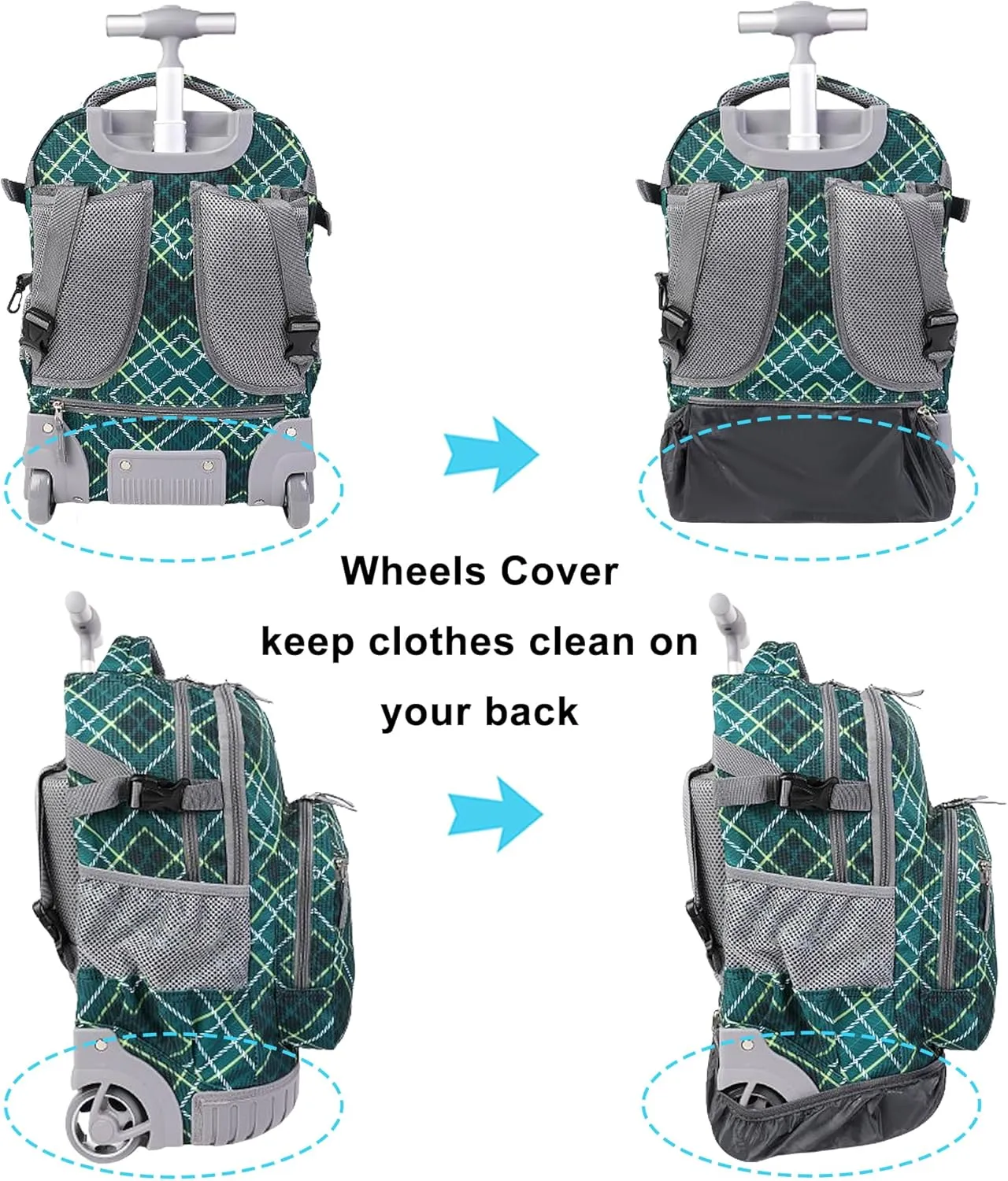 Tilami Rolling Backpack, 19 inch Shoulder Drop, Concealed Pockets and Wheel Cover, Laptop Backpack for Boys and Girls, Checkered Green