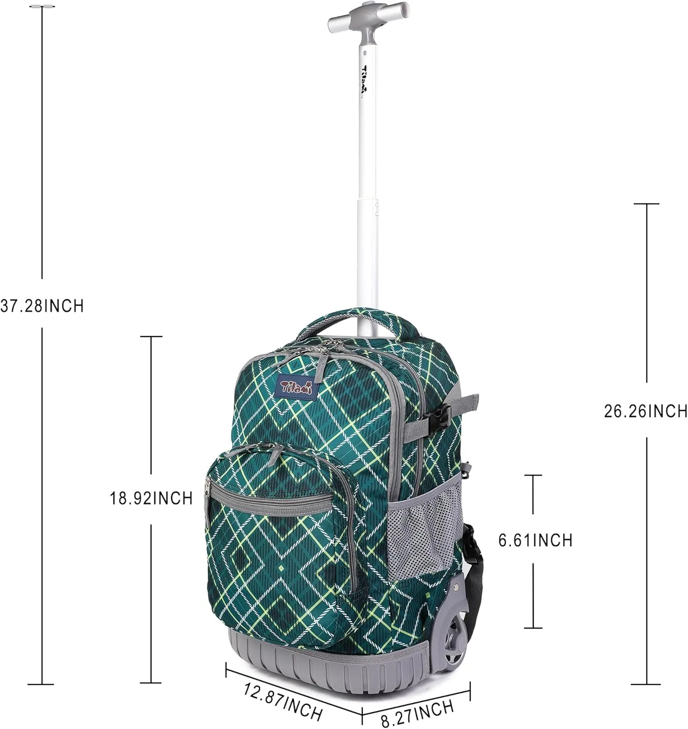 Tilami Rolling Backpack, 19 inch Shoulder Drop, Concealed Pockets and Wheel Cover, Laptop Backpack for Boys and Girls, Checkered Green