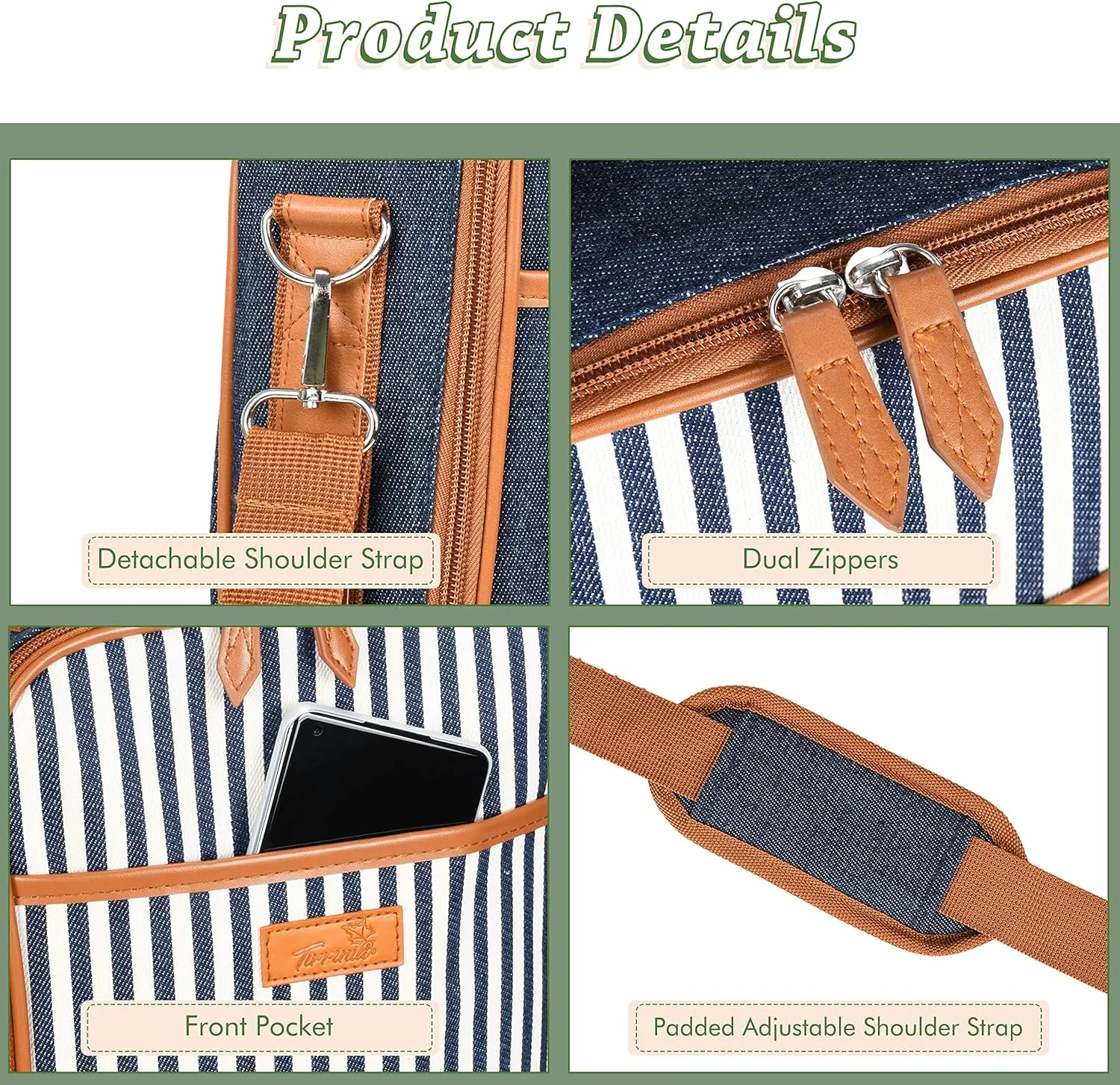 Tirrinia Insulated 2 Bottle Wine Gift Tote Bag - Tumbler Glass Cooler Carrier for BYOB Restaurants, Tasting, Travel, Park, Beach - Great Wine Lover Gift, Denim Stripe