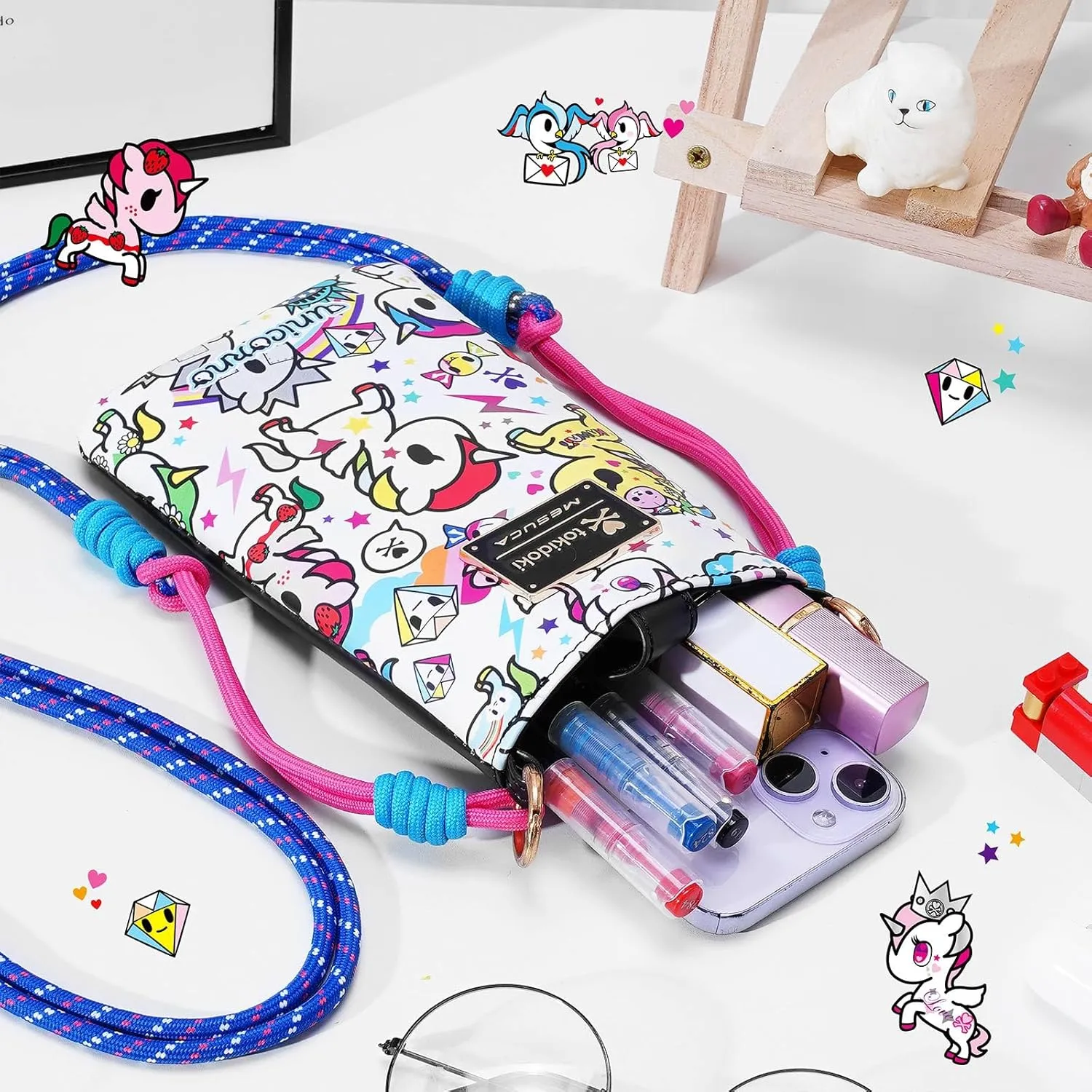 Tokidoki Unicorno Small Crossbody Purse for Women,Mini Soft Leather Cellphone Bags Kawaii Wallet with Crossbody Strap