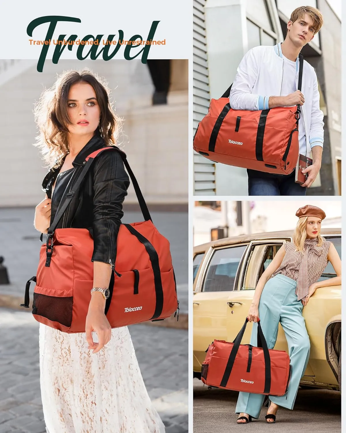 Tolaccea Gym Duffel Bag for Women, Travel Bags Foldable Sports Duffle with Shoe Compartment & Wet Pocket, Lightweight & Water-Resistant, Perfect for Workout, Weekender Overnight & Carry-On Expandable