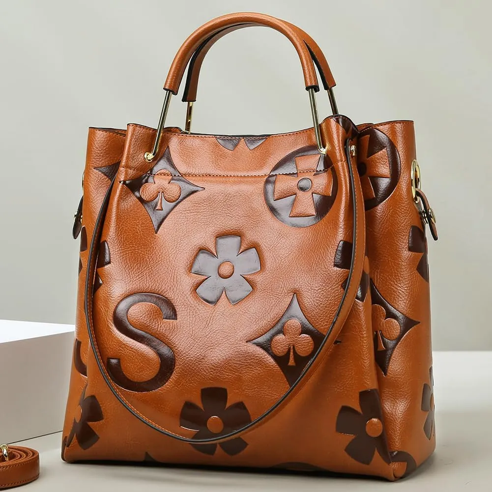 Top Handle Bag Floral Embossed Bucket Bag Crossbody Bags For Women Trendy Shoulder Purse Designer Handbag