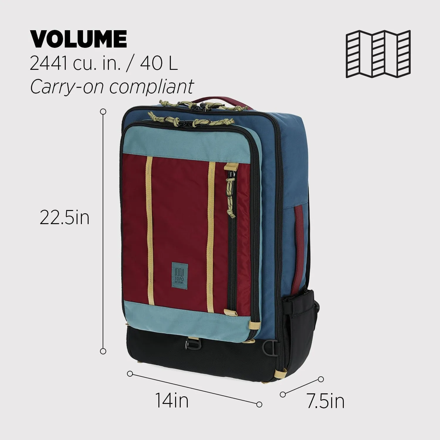 Topo Designs Global Travel Bag 30-40 Liter - Carry-on Compliant Versatile Pack, 3 Carry Options, External Laptop Sleeve (Original, 40L, Denim)