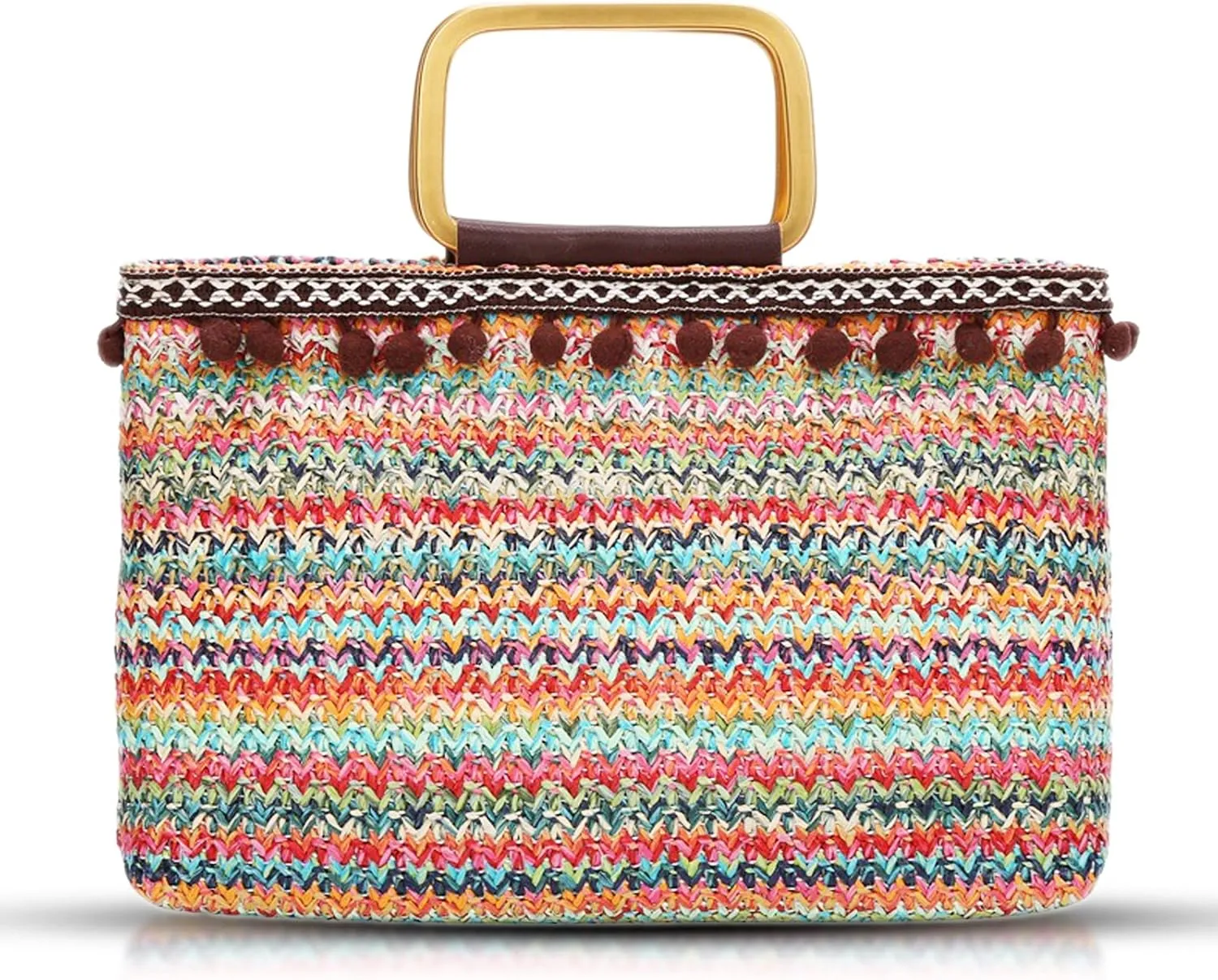 Tote Bag for Women, Colorful Straw Bag, Bohemian Hairball Lace, Beach Bag Square carry handle, Summer Bag Suitable for Beach, Travel, Daily Matching