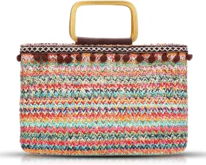 Tote Bag for Women, Colorful Straw Bag, Bohemian Hairball Lace, Beach Bag Square carry handle, Summer Bag Suitable for Beach, Travel, Daily Matching