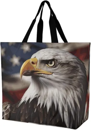 Tote Bag Grocery Bag for Women Shopping Bag Bald Eagle US Flag Pictures Handbags Beach Bag Shoulder Bag for Shopping