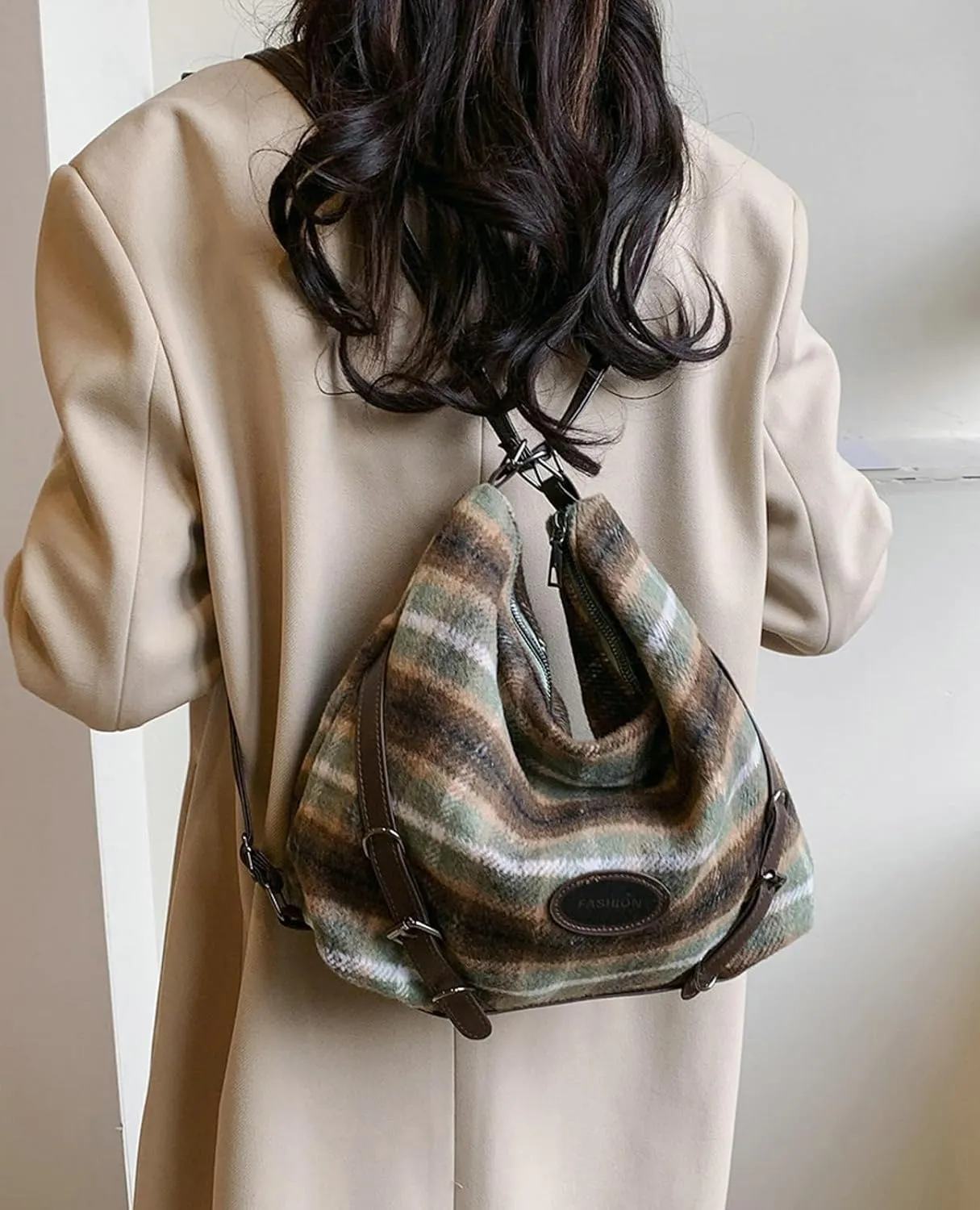 Tote Bag Women Wool Shoulder Crossbody Handbag 2024 Vintage Plaid Large Capacity Bag