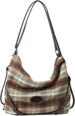 Tote Bag Women Wool Shoulder Crossbody Handbag 2024 Vintage Plaid Large Capacity Bag