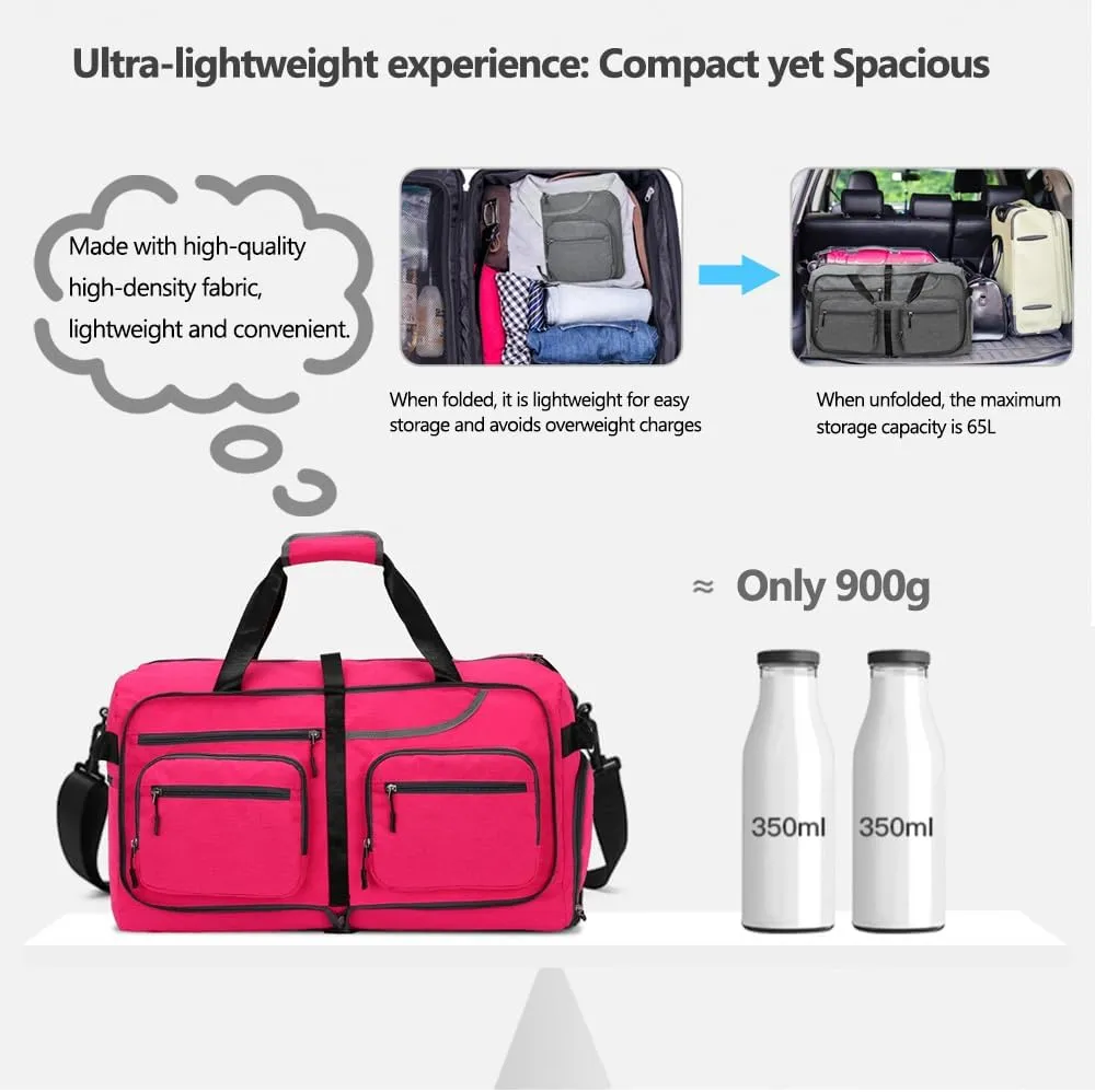 Travel Duffel Bag, 65L Foldable Travel Duffle Bag with Shoes Compartment and wet pocket, Waterproof & Tear Resistant