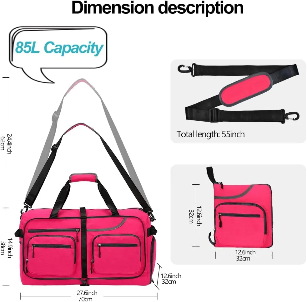 Travel Duffel Bag, 65L Foldable Travel Duffle Bag with Shoes Compartment and wet pocket, Waterproof & Tear Resistant
