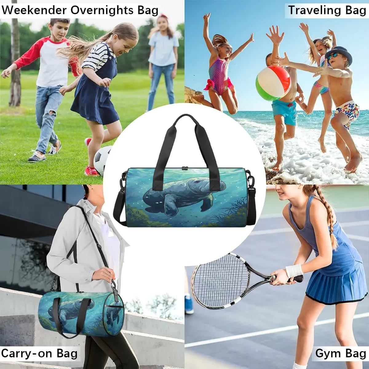 Travel Duffel Bag Animals Manatee Sports Gym Bag for Womens Mens, Waterproof Weekend Overnight Bags Lightweight Carry on Bags for Airplanes Yoga Dance Beach Swim Hospital Holdalls,A-861