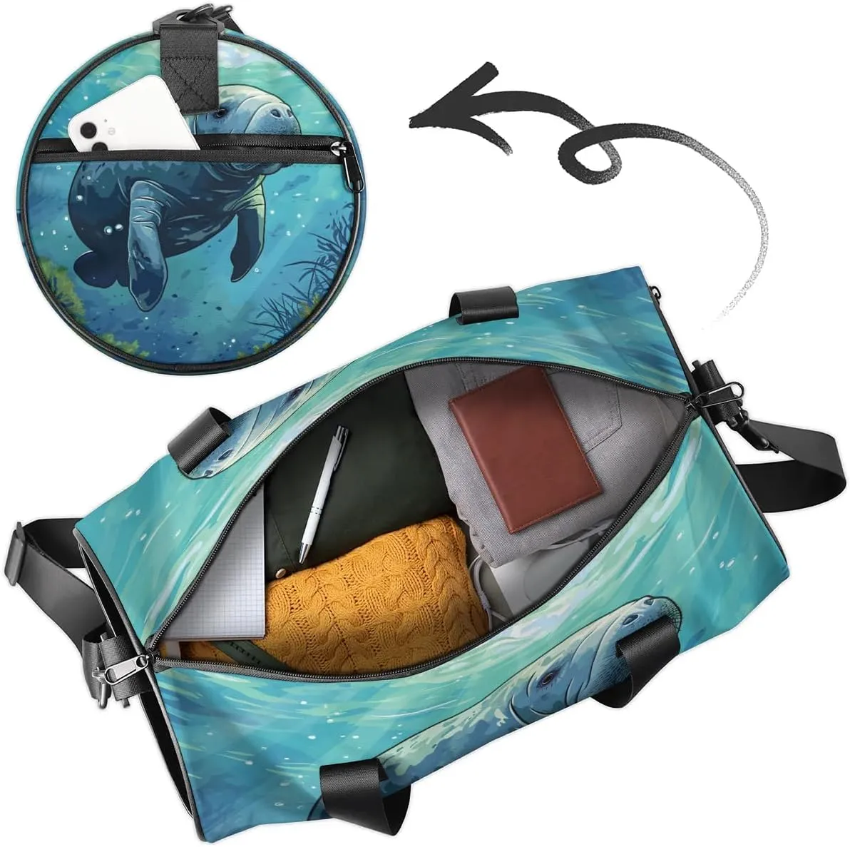 Travel Duffel Bag Animals Manatee Sports Gym Bag for Womens Mens, Waterproof Weekend Overnight Bags Lightweight Carry on Bags for Airplanes Yoga Dance Beach Swim Hospital Holdalls,A-861