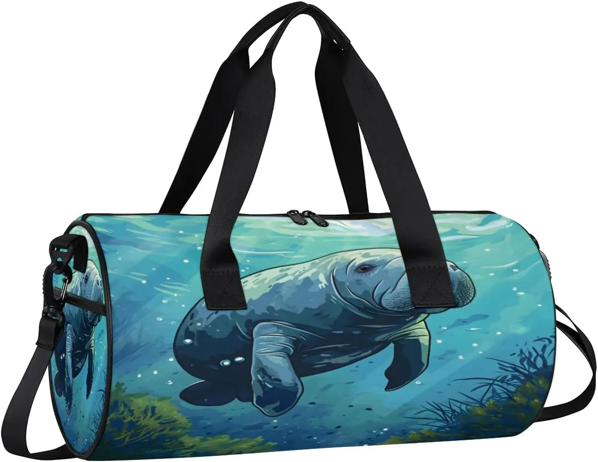 Travel Duffel Bag Animals Manatee Sports Gym Bag for Womens Mens, Waterproof Weekend Overnight Bags Lightweight Carry on Bags for Airplanes Yoga Dance Beach Swim Hospital Holdalls,A-861