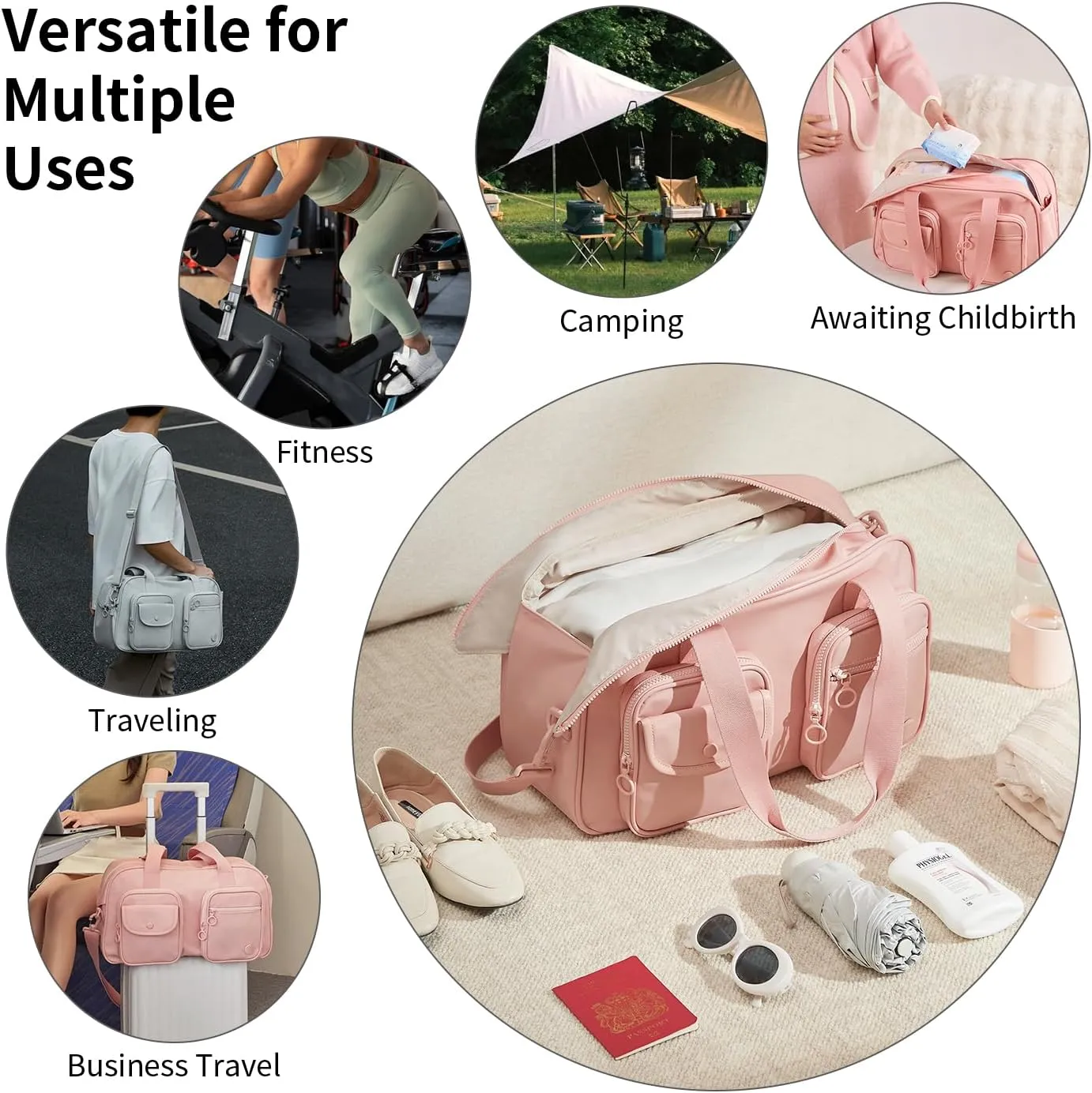 Travel Duffel Bag, Expandable Pink Duffle Bag for Travel with Wet Pocket, Carry on Weekender Bags for Men Women, Large Capacity & Water Resistant Gym Duffel Bag Sport Bag (Plus)