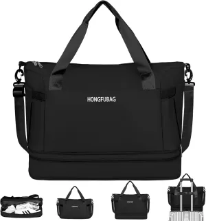 Travel Duffel Bag, Gym Bag for Women with Shoe Compartment, Expandable Weekender Bags for Women, Workout Overnight Carry on Duffle Bag for Travel, Black