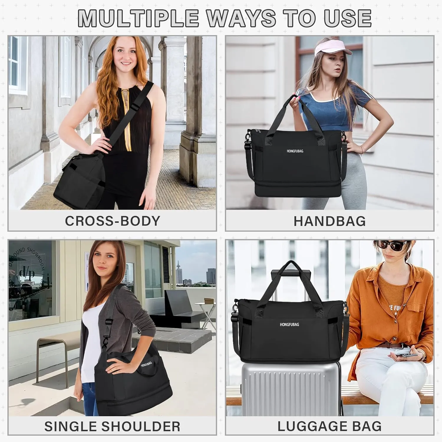 Travel Duffel Bag, Gym Bag for Women with Shoe Compartment, Expandable Weekender Bags for Women, Workout Overnight Carry on Duffle Bag for Travel, Black