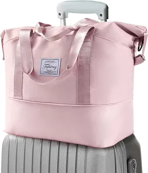 Travel Duffel Bag - Large Shoulder Weekender Overnight Bag, Carry on Bags with Wet Pocket, Waterproof Expandable Duffel Bags with Trolley Sleeve for Sports Travel Gym, Pink