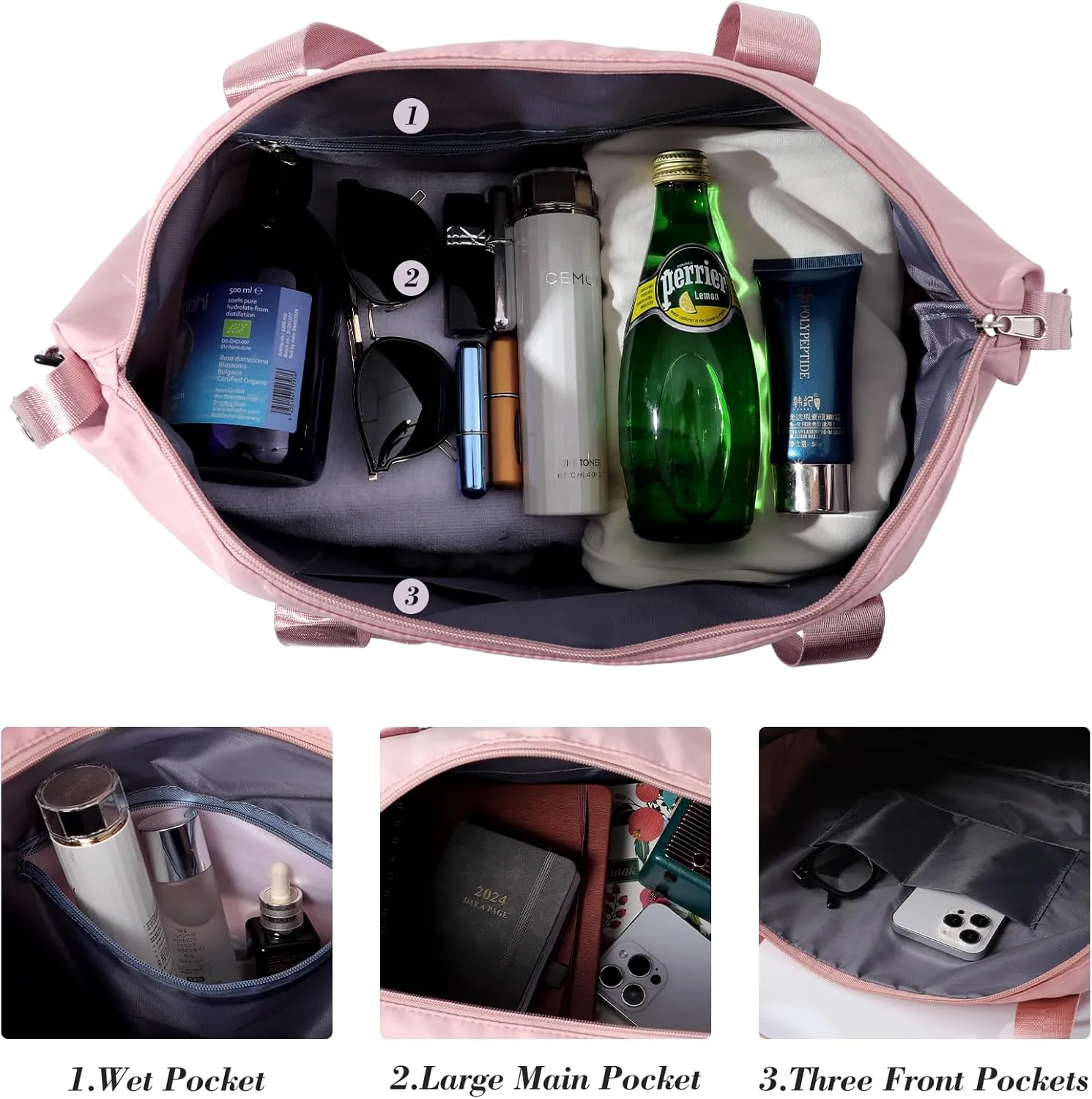 Travel Duffel Bag - Large Shoulder Weekender Overnight Bag, Carry on Bags with Wet Pocket, Waterproof Expandable Duffel Bags with Trolley Sleeve for Sports Travel Gym, Pink