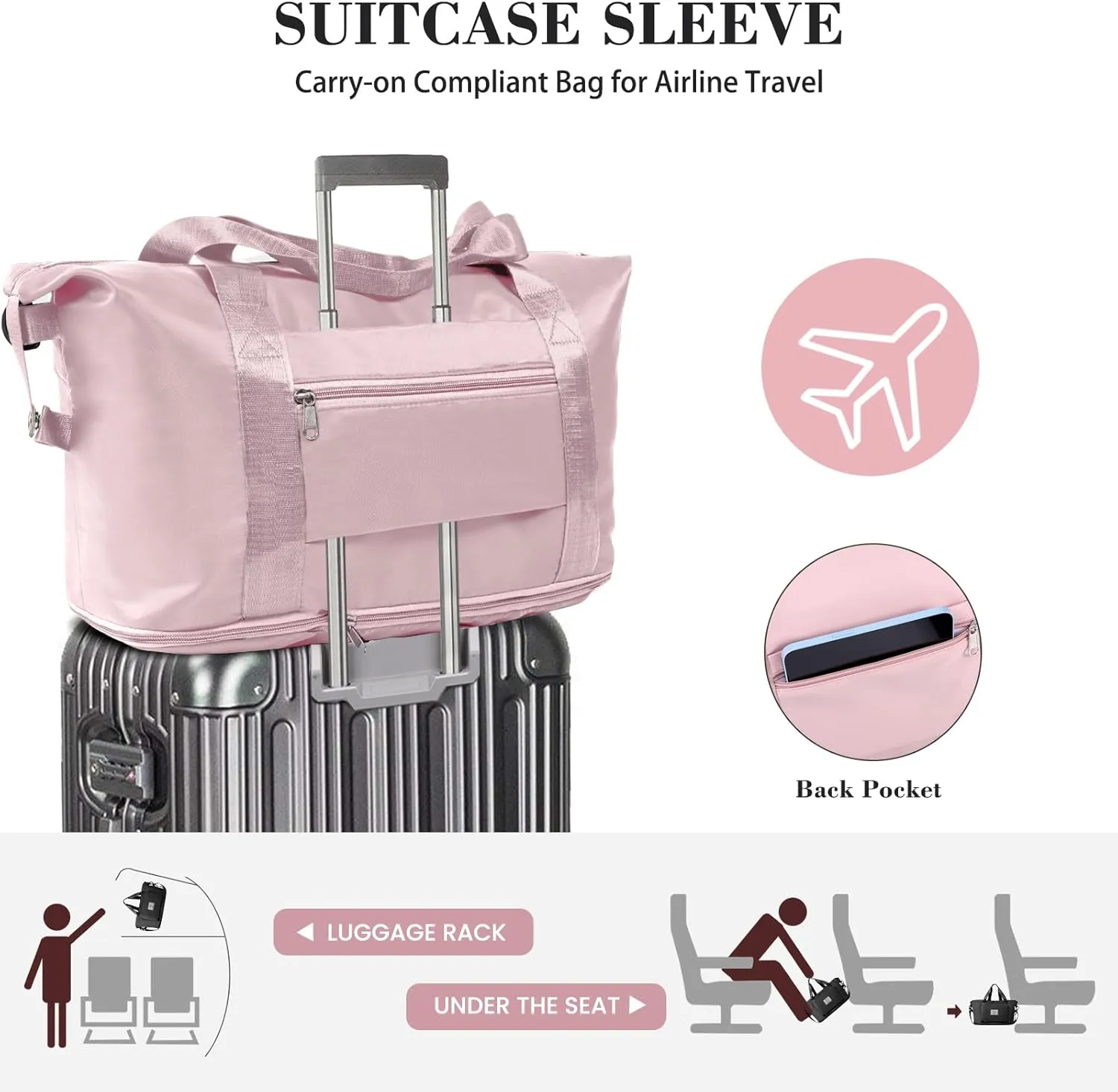 Travel Duffel Bag - Large Shoulder Weekender Overnight Bag, Carry on Bags with Wet Pocket, Waterproof Expandable Duffel Bags with Trolley Sleeve for Sports Travel Gym, Pink