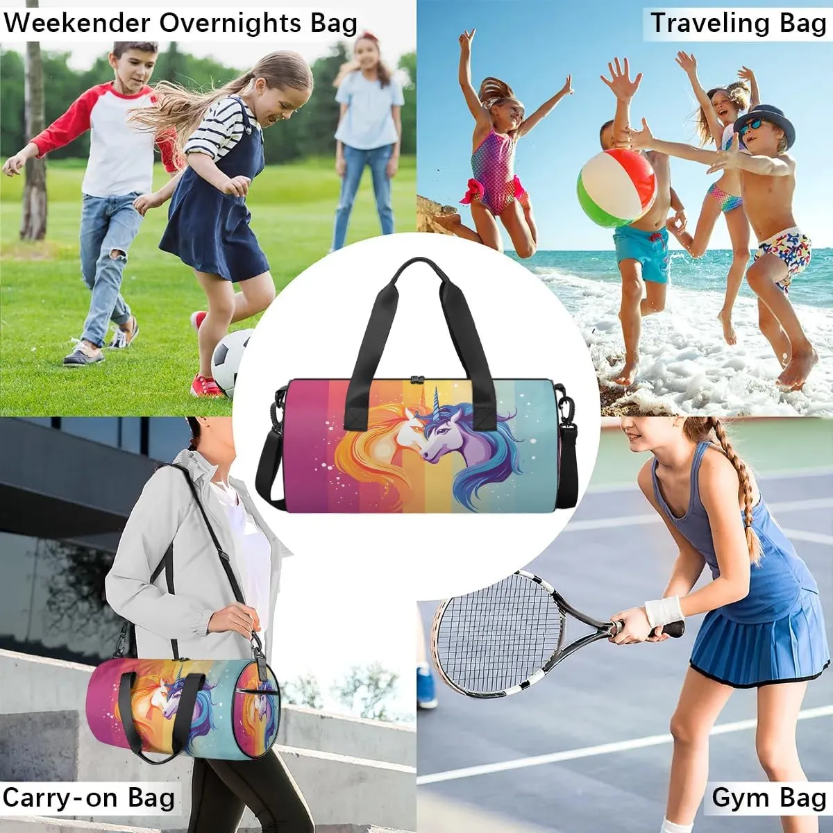 Travel Duffel Bag Rainbow Unicorn Sports Gym Bag for Womens Mens, Waterproof Weekend Overnight Bags Lightweight Carry on Bags for Airplanes Yoga Dance Beach Swim Hospital Holdalls,A-1191