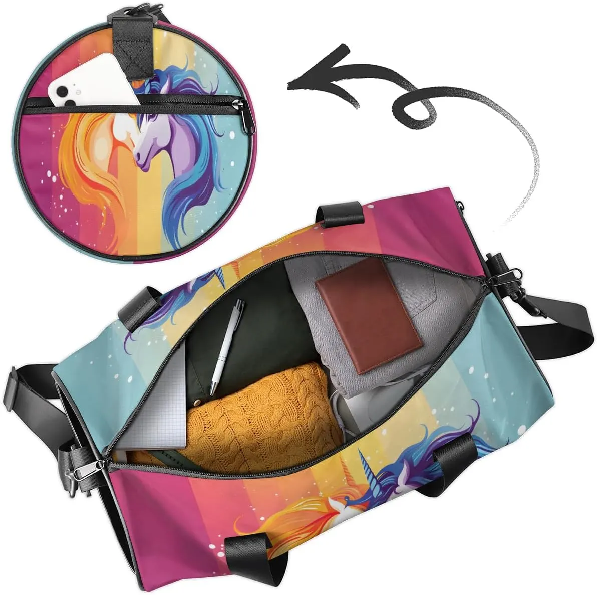 Travel Duffel Bag Rainbow Unicorn Sports Gym Bag for Womens Mens, Waterproof Weekend Overnight Bags Lightweight Carry on Bags for Airplanes Yoga Dance Beach Swim Hospital Holdalls,A-1191