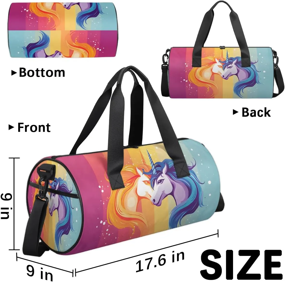 Travel Duffel Bag Rainbow Unicorn Sports Gym Bag for Womens Mens, Waterproof Weekend Overnight Bags Lightweight Carry on Bags for Airplanes Yoga Dance Beach Swim Hospital Holdalls,A-1191