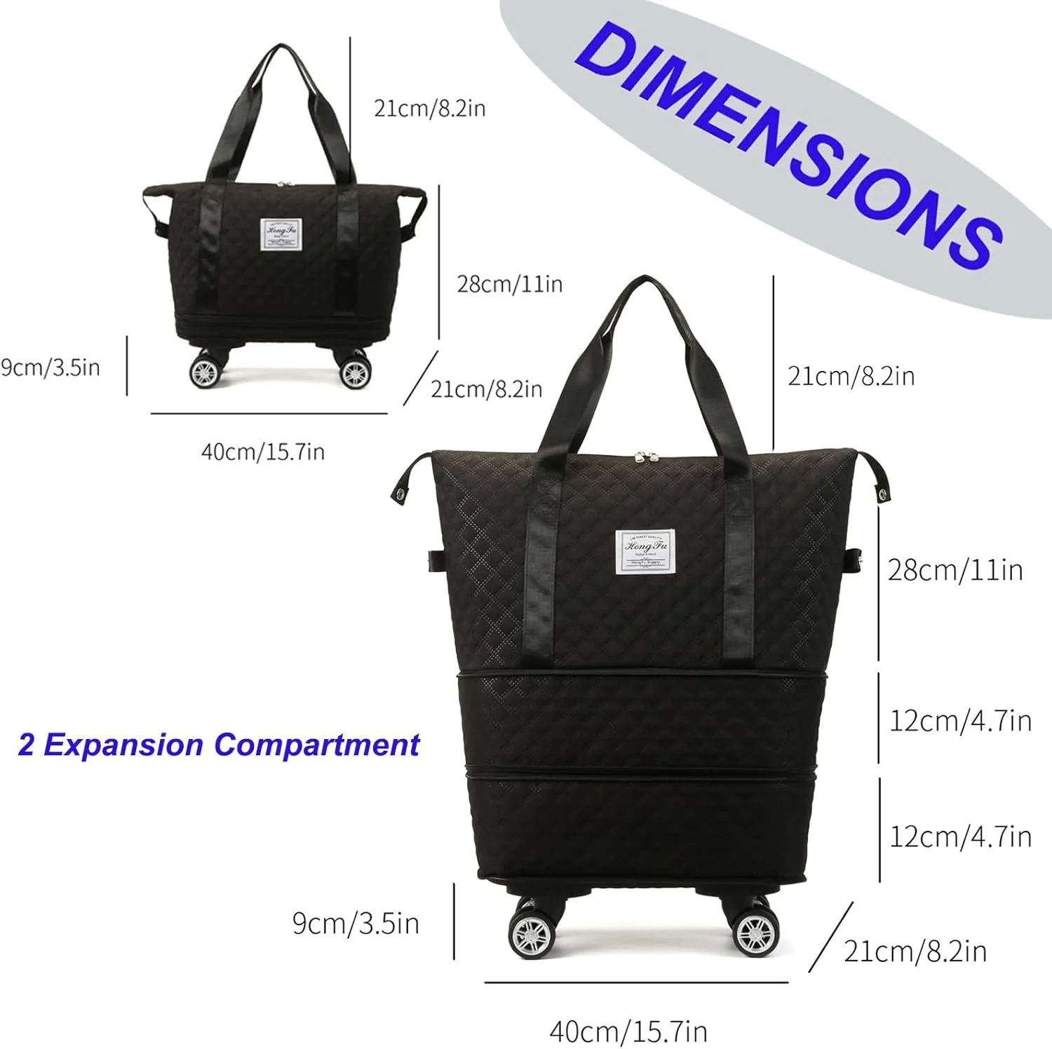 Travel Duffel Bag with Rolling Wheels Expandable Weekender Carry-On Tote Bags Foldable Handbag for Women 24L-44L