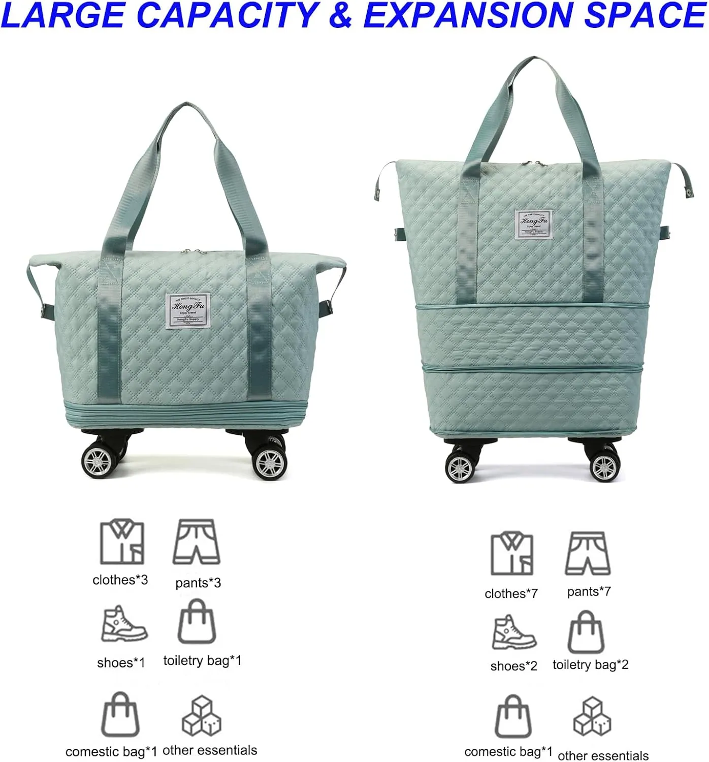 Travel Duffel Bag with Rolling Wheels Expandable Weekender Carry-On Tote Bags Foldable Handbag for Women 24L-44L