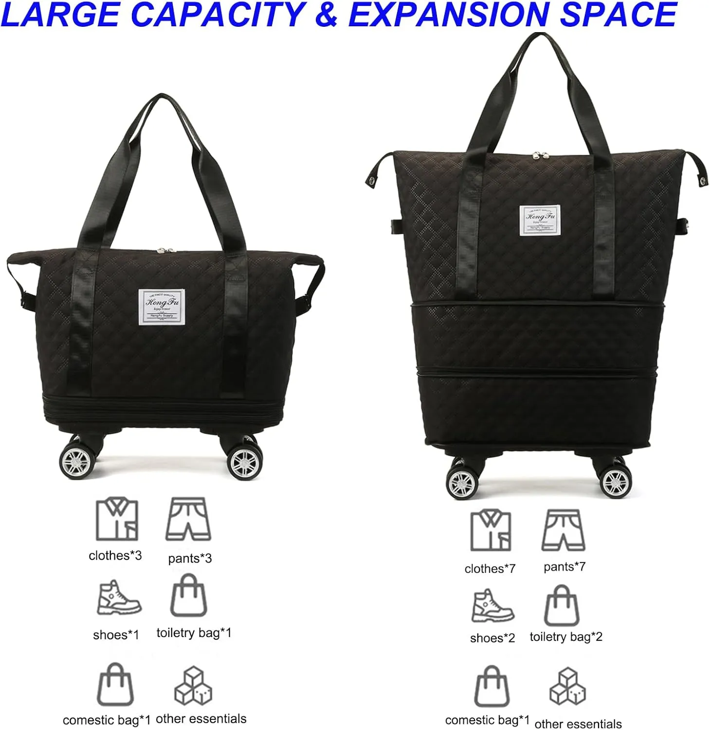 Travel Duffel Bag with Rolling Wheels Expandable Weekender Carry-On Tote Bags Foldable Handbag for Women 24L-44L