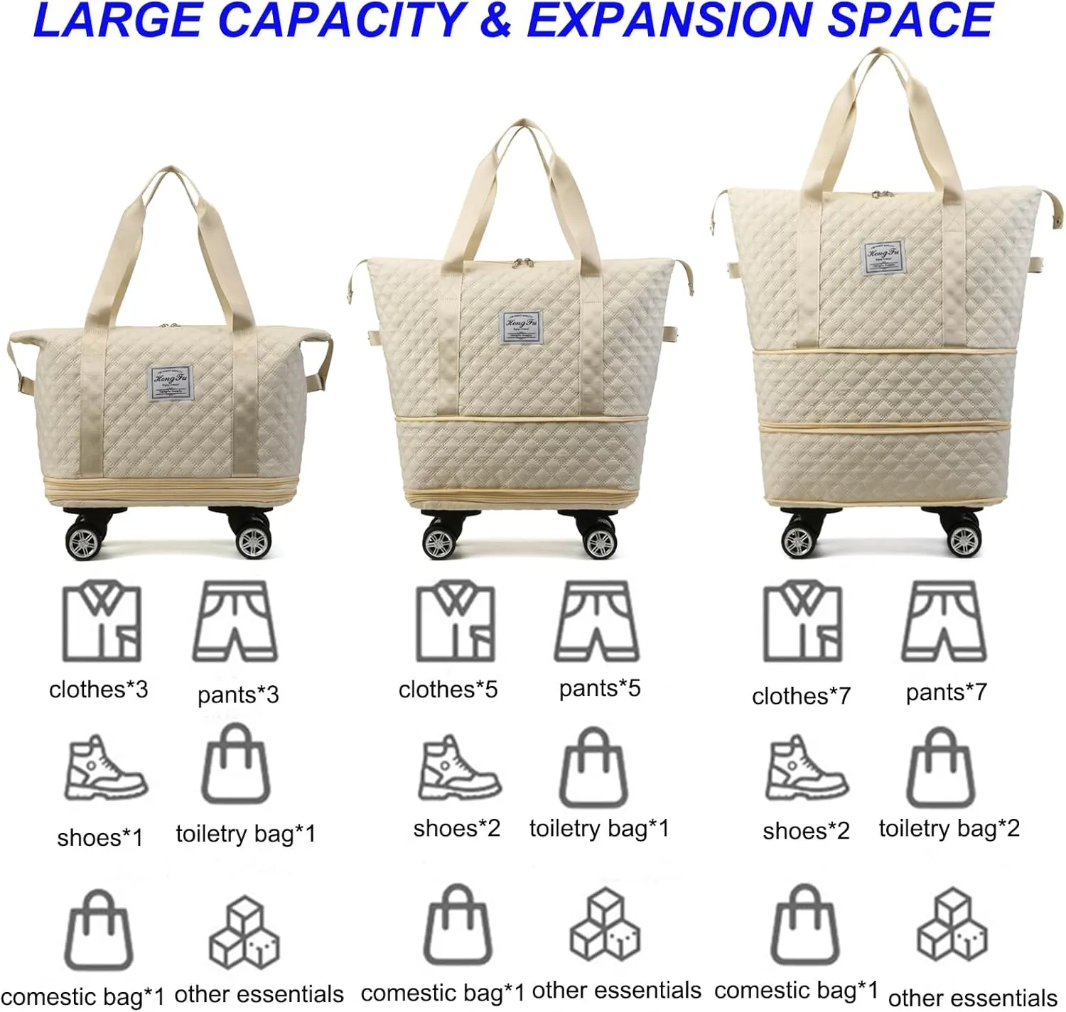 Travel Duffel Bag with Rolling Wheels Expandable Weekender Carry-On Tote Bags Foldable Handbag for Women 24L-44L