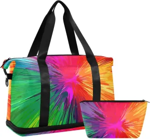 Travel Duffel Bag with Toiletry Bag, Large Sports Tote Gym Bag, Waterproof Packable Duffle Bag with Shoe Compartment,Rainbow Explosion Weekender Overnight Bag Gym Bag for Women Men