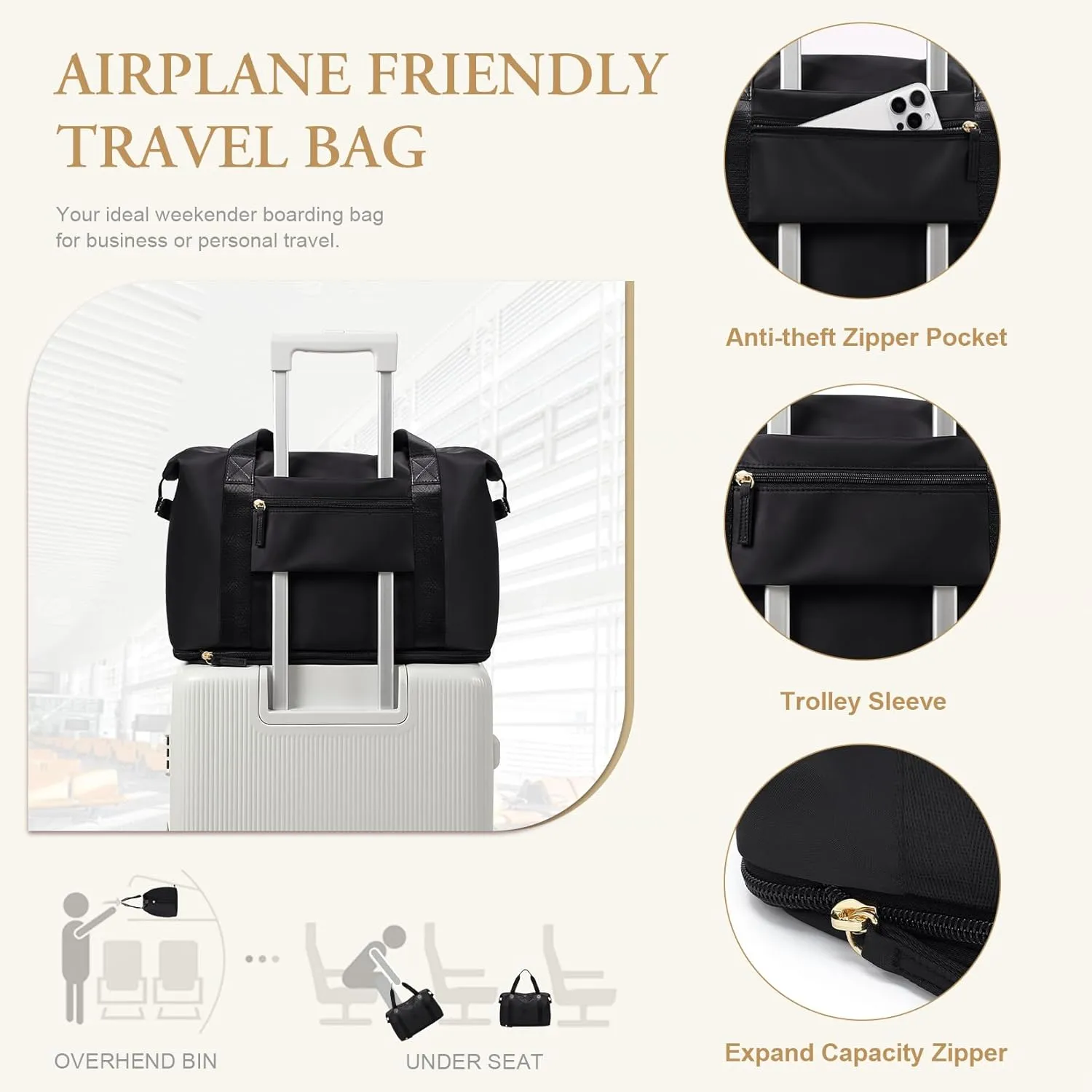 Travel Duffel Bags for Women Men Expandable Duffel Bag Tote Sport Bag Hospital Weekender Bag for Women Delivery Bags for Airplanes Black