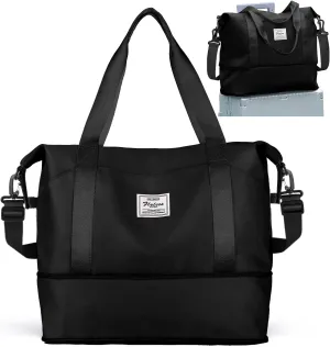 Travel Duffel Bags for Women, Shoulder Weekender Bag with Trolley Sleeve, Sport Gym Tote Bags for Men, 18x14x8 Foldie Travel Bag Expandable Carry On Overnight Bags for airplanes，Black