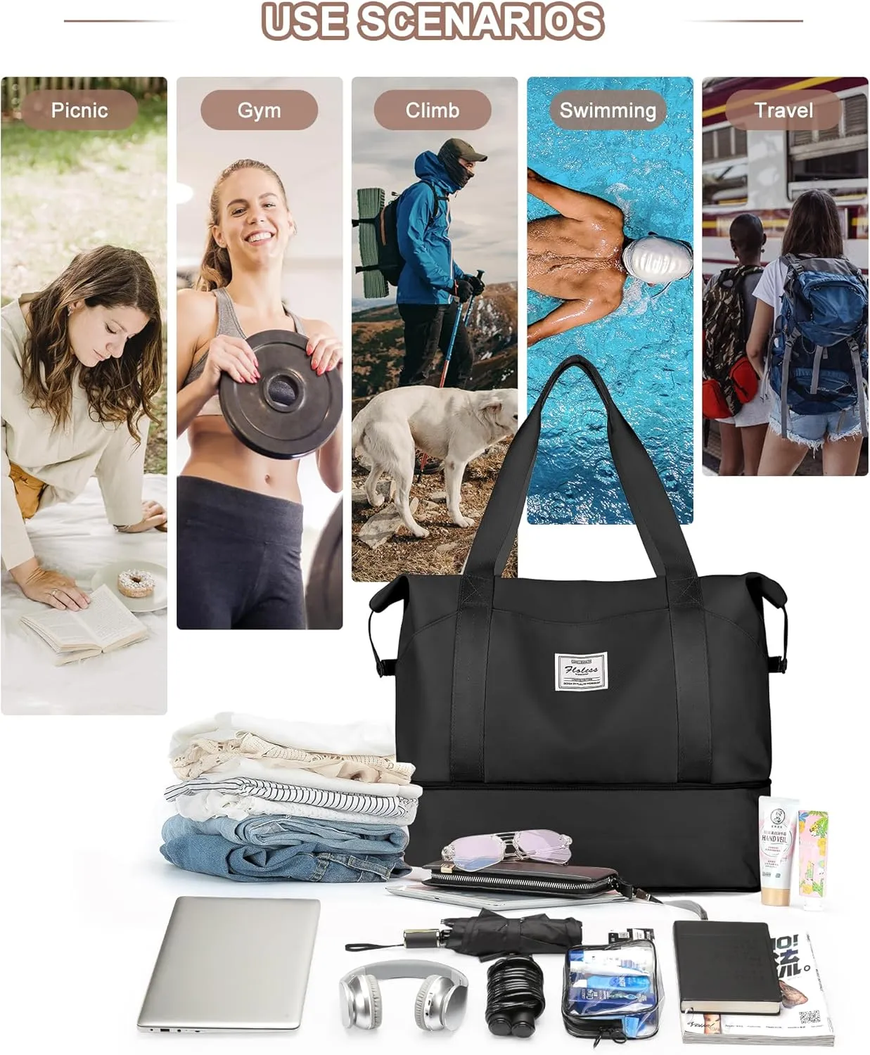 Travel Duffel Bags for Women, Shoulder Weekender Bag with Trolley Sleeve, Sport Gym Tote Bags for Men, 18x14x8 Foldie Travel Bag Expandable Carry On Overnight Bags for airplanes，Black