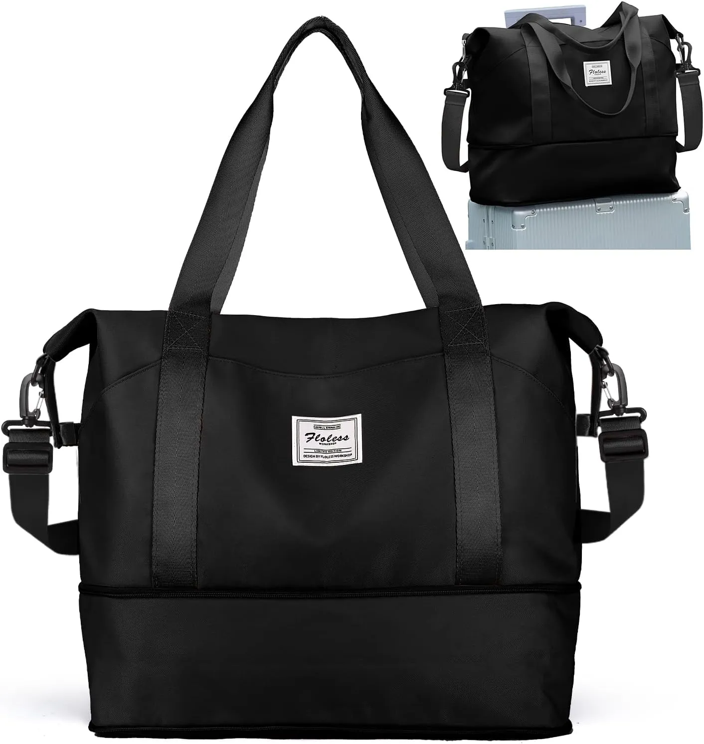 Travel Duffel Bags for Women, Shoulder Weekender Bag with Trolley Sleeve, Sport Gym Tote Bags for Men, 18x14x8 Foldie Travel Bag Expandable Carry On Overnight Bags for airplanes，Black