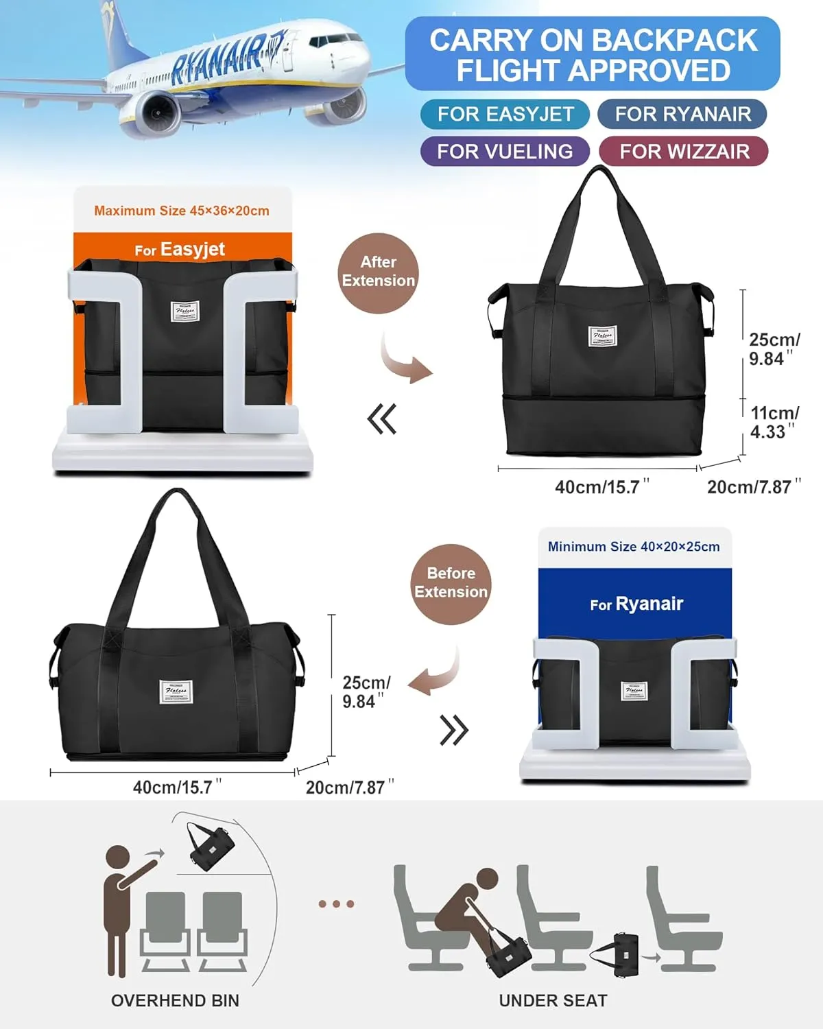 Travel Duffel Bags for Women, Shoulder Weekender Bag with Trolley Sleeve, Sport Gym Tote Bags for Men, 18x14x8 Foldie Travel Bag Expandable Carry On Overnight Bags for airplanes，Black