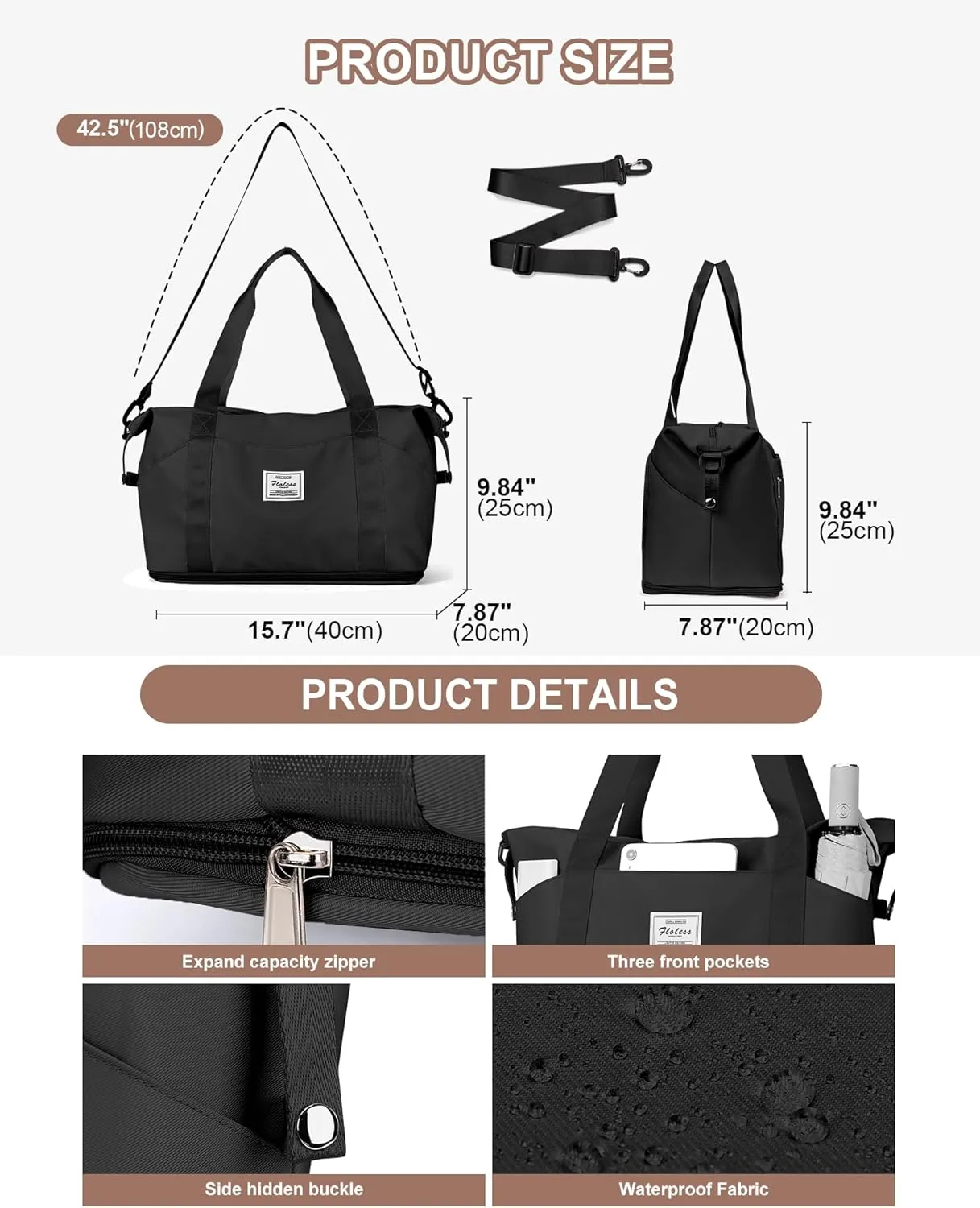 Travel Duffel Bags for Women, Shoulder Weekender Bag with Trolley Sleeve, Sport Gym Tote Bags for Men, 18x14x8 Foldie Travel Bag Expandable Carry On Overnight Bags for airplanes，Black