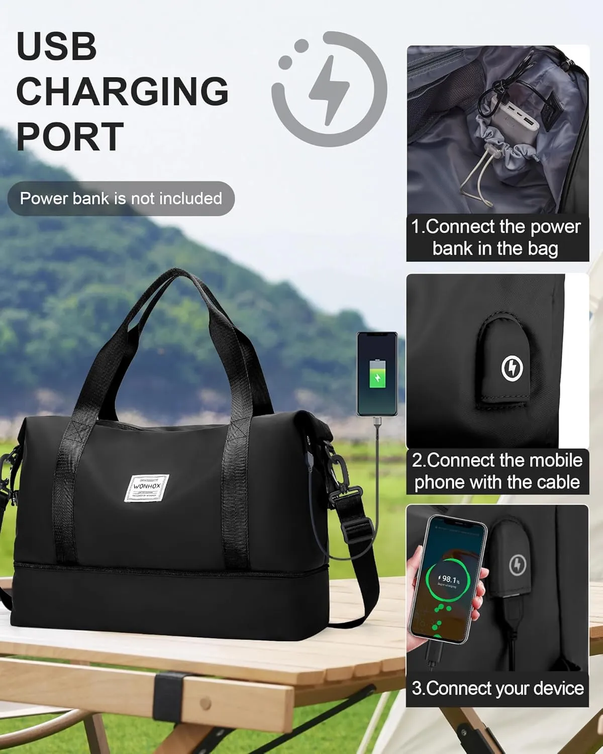 Travel Duffel Bags with USB port,Weekender Bags for Women,Waterproof Overnight Bag with Toiletry Bag,Sport Gym Tote Bag with Wet Pocket and Shoes Compartment, Carry On Bag for Airplanes,Black