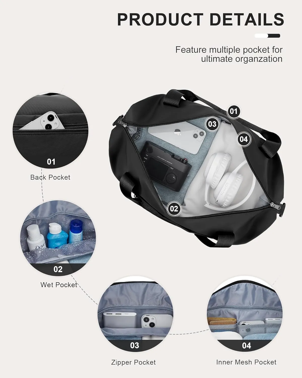 Travel Duffel Bags with USB port,Weekender Bags for Women,Waterproof Overnight Bag with Toiletry Bag,Sport Gym Tote Bag with Wet Pocket and Shoes Compartment, Carry On Bag for Airplanes,Black