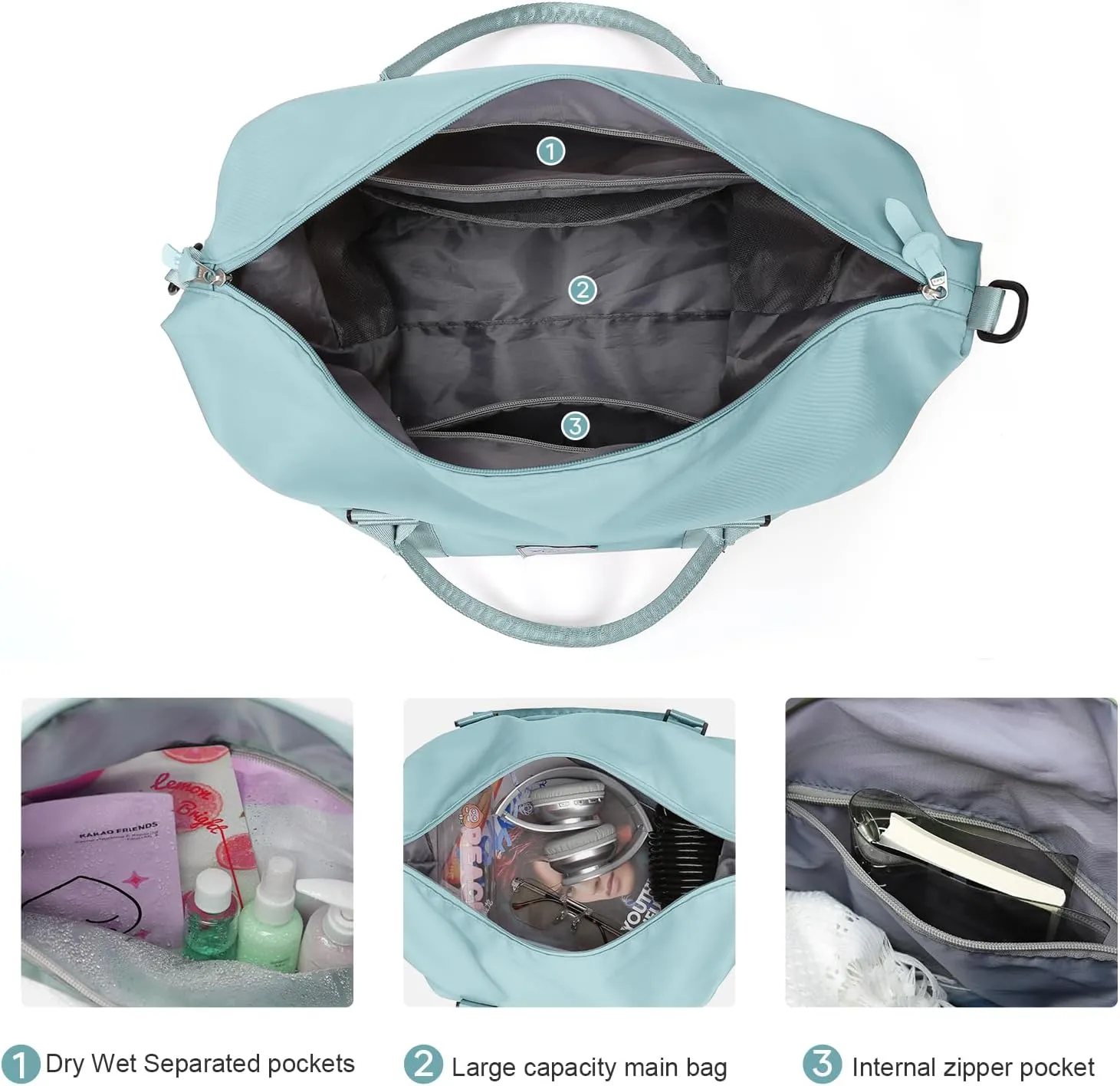 Travel Duffel Bag,Waterproof Duffel Gym Tote Bag Personal Item Bag,Large Sports Weekender Carry On Overnight Bags for Women with Wet Pocket,Duffel Hospital Bag, Light Blue